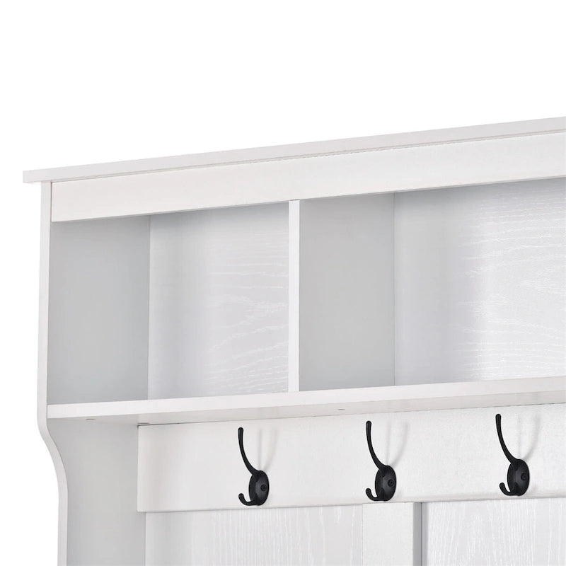 Entryway Hall Tree with Hooks, Open Shelves and 24 Shoe Cubbies, White & Black