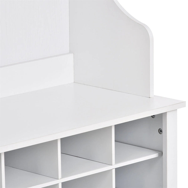 Entryway Hall Tree with Hooks, Open Shelves and 24 Shoe Cubbies, White & Black
