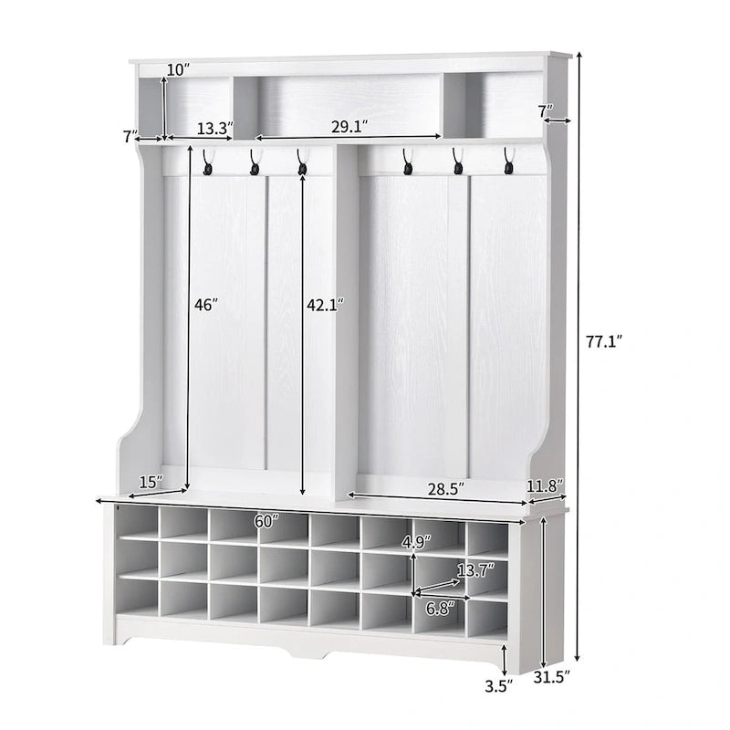 Entryway Hall Tree with Hooks, Open Shelves and 24 Shoe Cubbies, White & Black