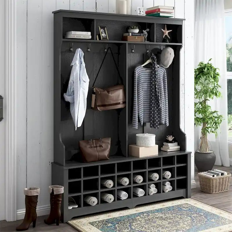 Entryway Hall Tree with Hooks, Open Shelves and 24 Shoe Cubbies, White & Black