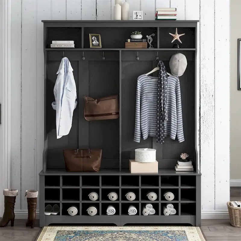 Entryway Hall Tree with Hooks, Open Shelves and 24 Shoe Cubbies, White & Black