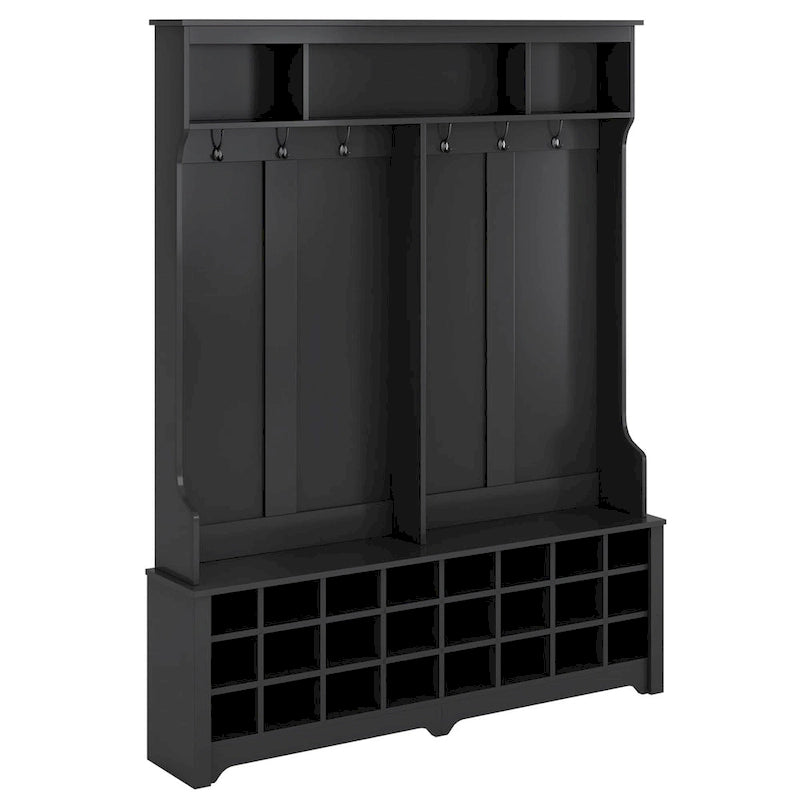 Entryway Hall Tree with Hooks, Open Shelves and 24 Shoe Cubbies, White & Black