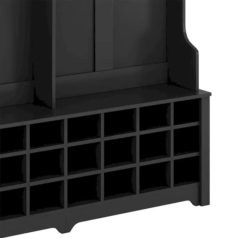 Entryway Hall Tree with Hooks, Open Shelves and 24 Shoe Cubbies, White & Black