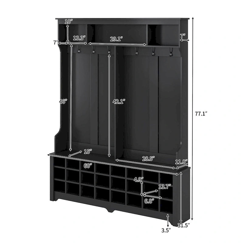 Entryway Hall Tree with Hooks, Open Shelves and 24 Shoe Cubbies, White & Black