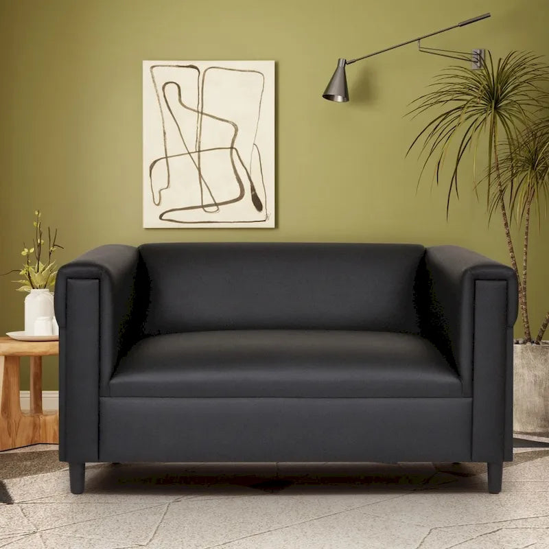 Coast to Coast Sofas Mid Century Modern Loveseat Sofa Faux Leather Solid Wood Frame Upholstered