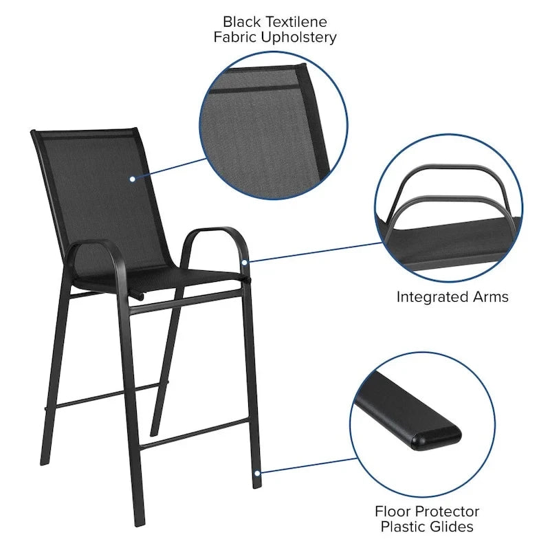 Outdoor Sling Barstool with Arms Breathable Textilene Powder Coated Steel