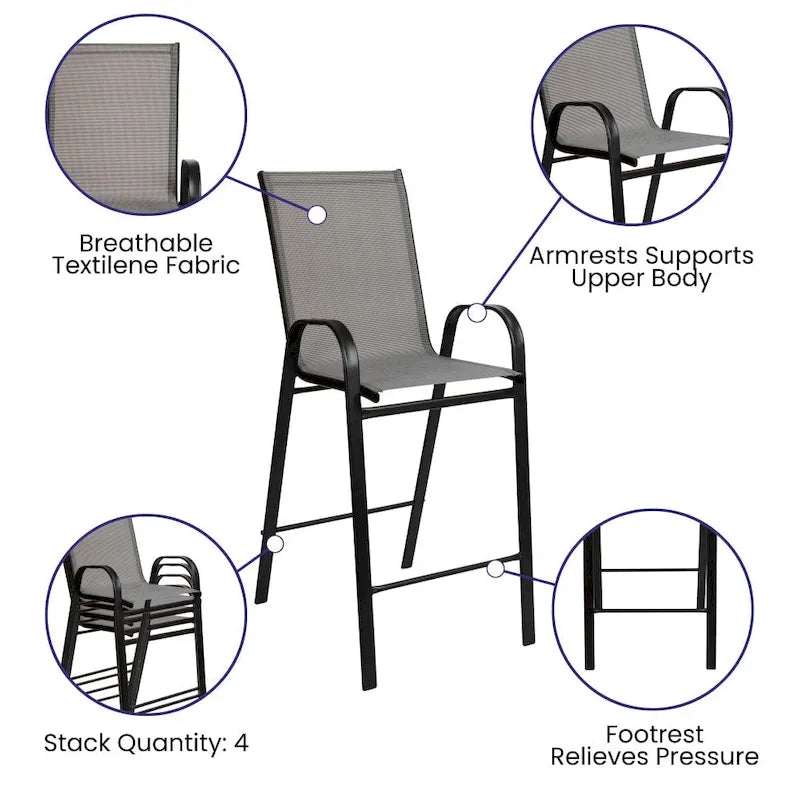 Outdoor Sling Barstool with Arms Breathable Textilene Powder Coated Steel