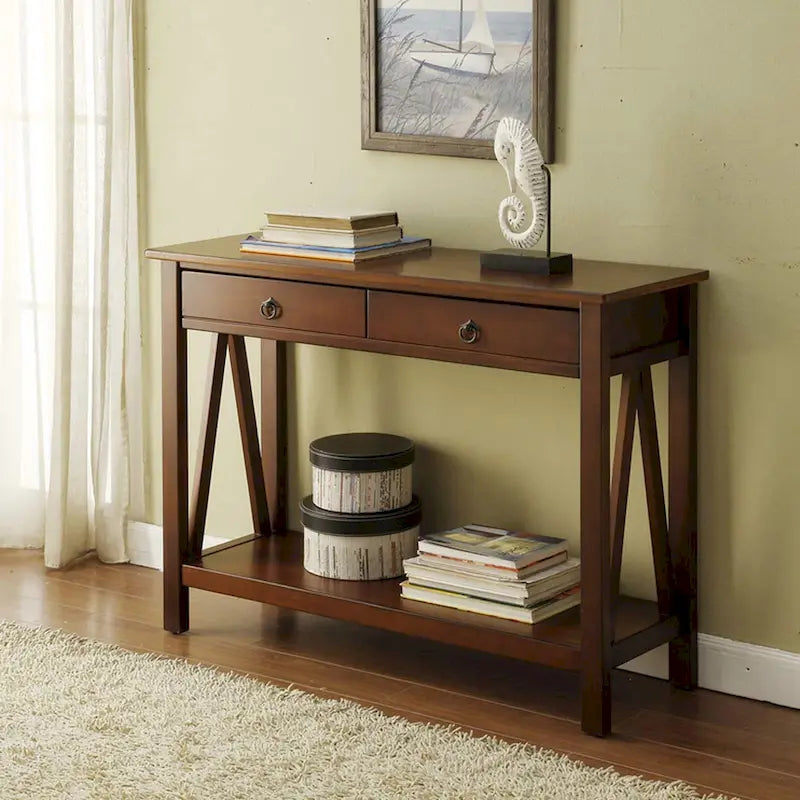Antique Tobacco Brown Wood Console Table with Drawer and Open Shelf