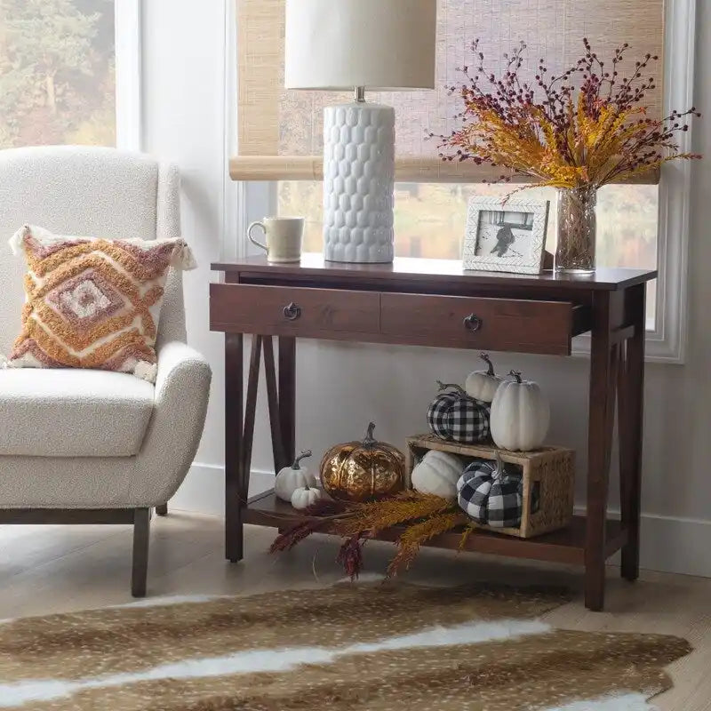 Antique Tobacco Brown Wood Console Table with Drawer and Open Shelf