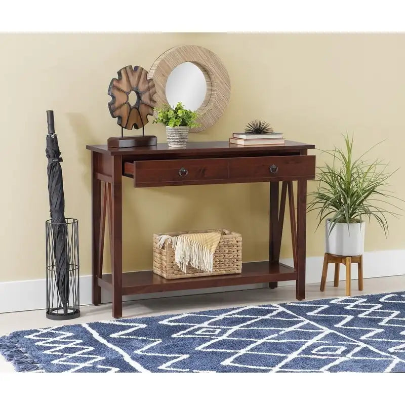 Antique Tobacco Brown Wood Console Table with Drawer and Open Shelf