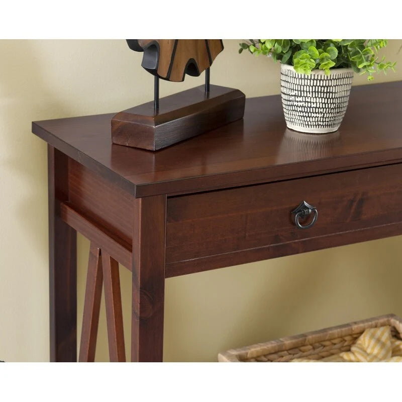 Antique Tobacco Brown Wood Console Table with Drawer and Open Shelf