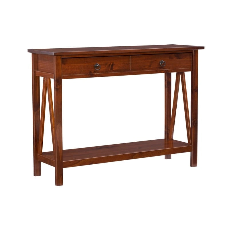 Antique Tobacco Brown Wood Console Table with Drawer and Open Shelf