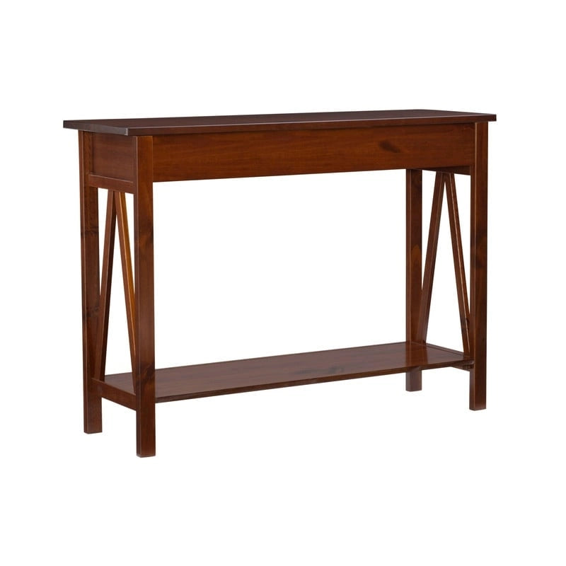 Antique Tobacco Brown Wood Console Table with Drawer and Open Shelf