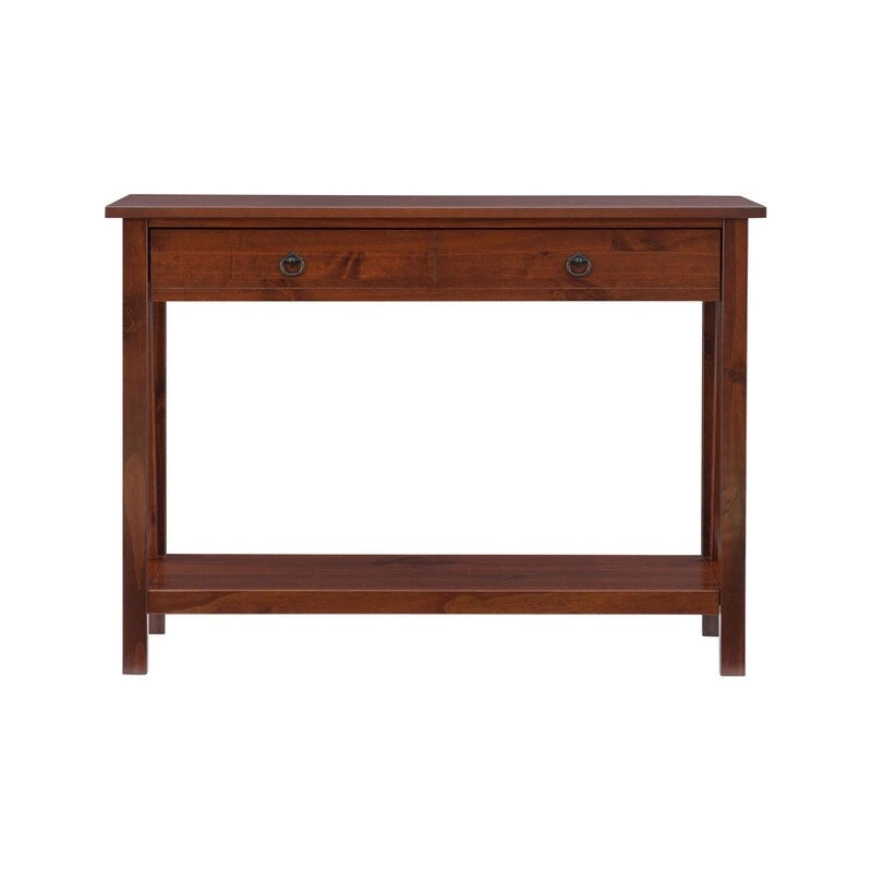 Antique Tobacco Brown Wood Console Table with Drawer and Open Shelf