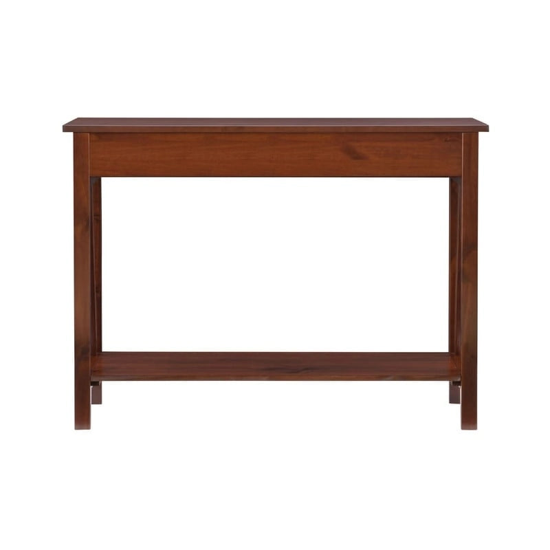 Antique Tobacco Brown Wood Console Table with Drawer and Open Shelf
