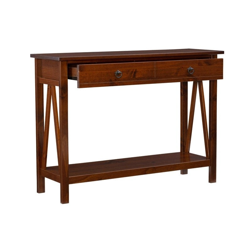 Antique Tobacco Brown Wood Console Table with Drawer and Open Shelf