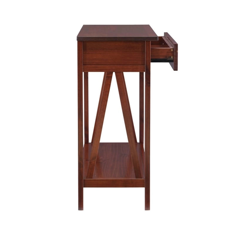 Antique Tobacco Brown Wood Console Table with Drawer and Open Shelf