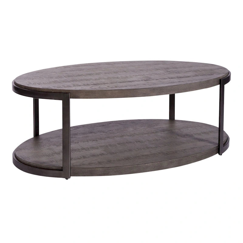Oval Cocktail Table Wood Metal Gray Two-Tier Open Shelf Dark Pewter Legs