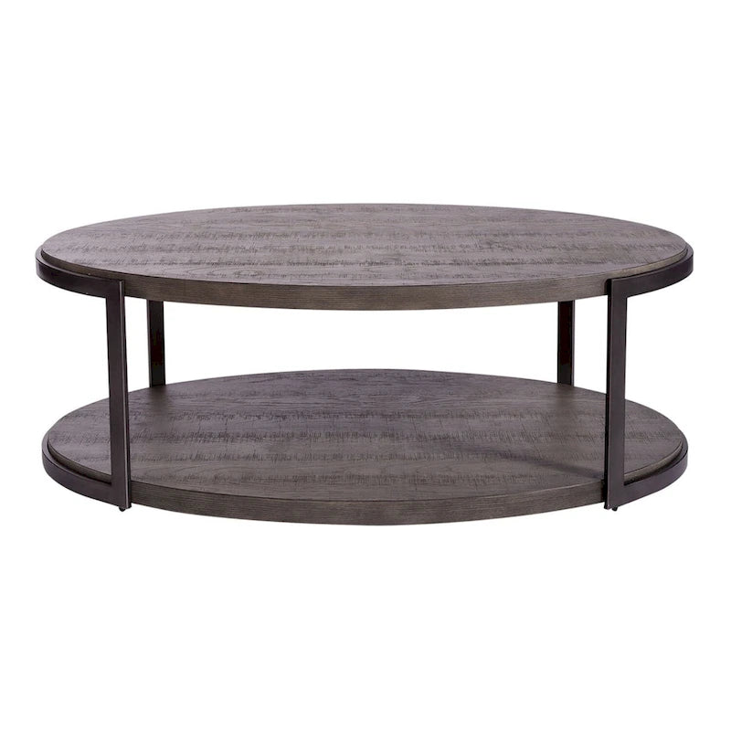 Oval Cocktail Table Wood Metal Gray Two-Tier Open Shelf Dark Pewter Legs