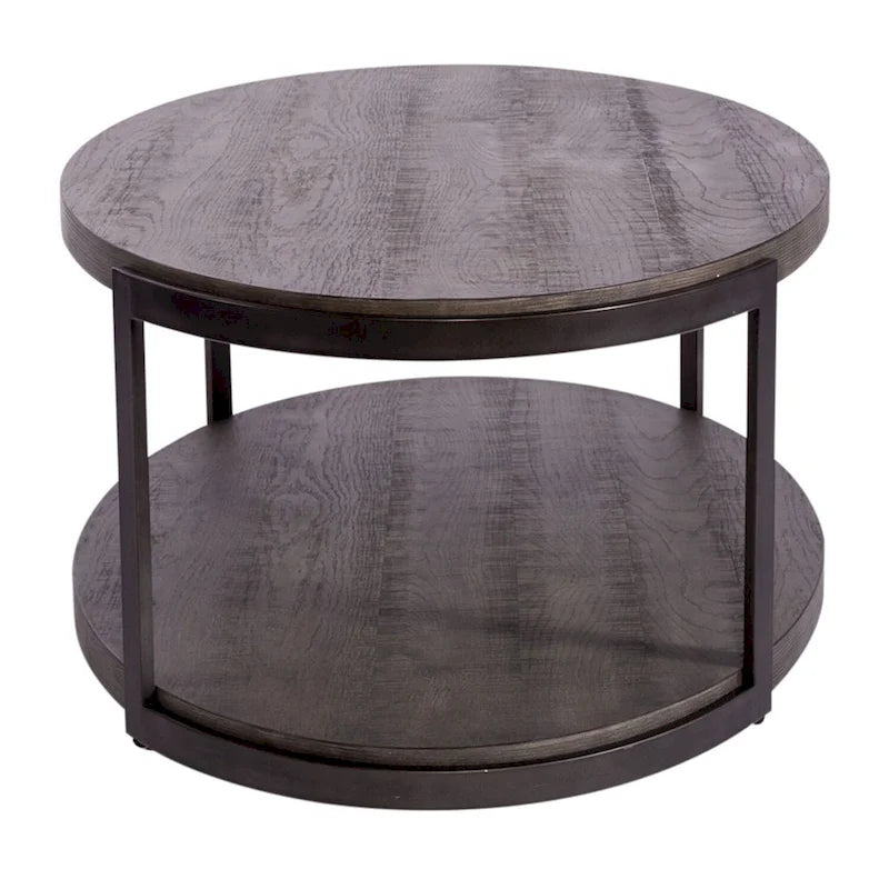 Oval Cocktail Table Wood Metal Gray Two-Tier Open Shelf Dark Pewter Legs