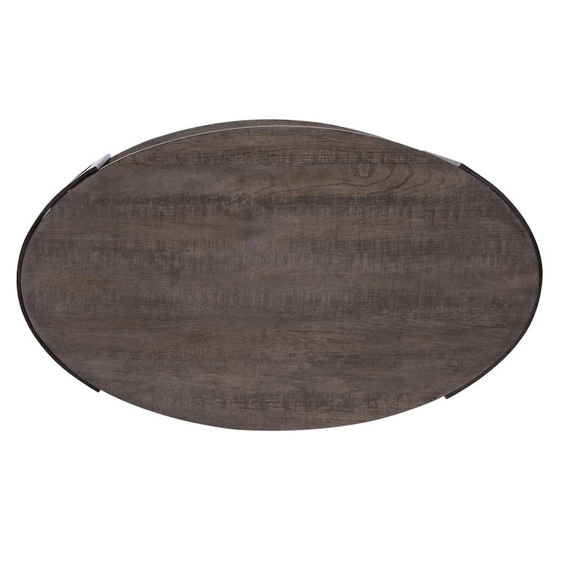 Oval Cocktail Table Wood Metal Gray Two-Tier Open Shelf Dark Pewter Legs