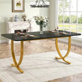 Rectangular Dining Table Faux Marble Top Gold Metal Legs Black Modern