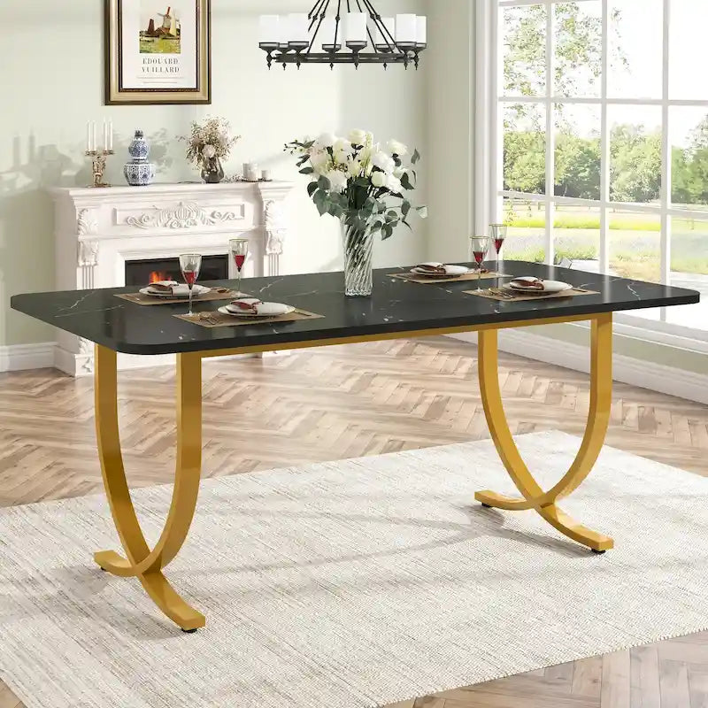 Rectangular Dining Table Faux Marble Top Gold Metal Legs Black Modern