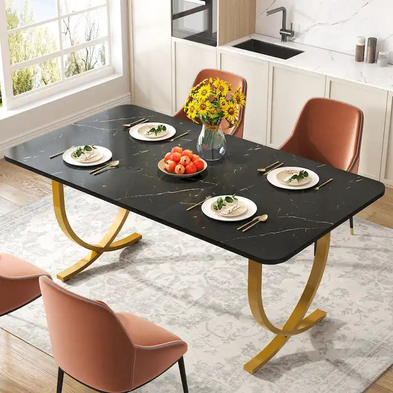 Rectangular Dining Table Faux Marble Top Gold Metal Legs Black Modern