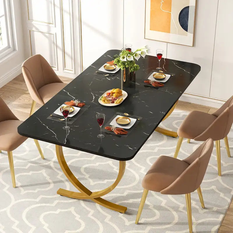 Rectangular Dining Table Faux Marble Top Gold Metal Legs Black Modern