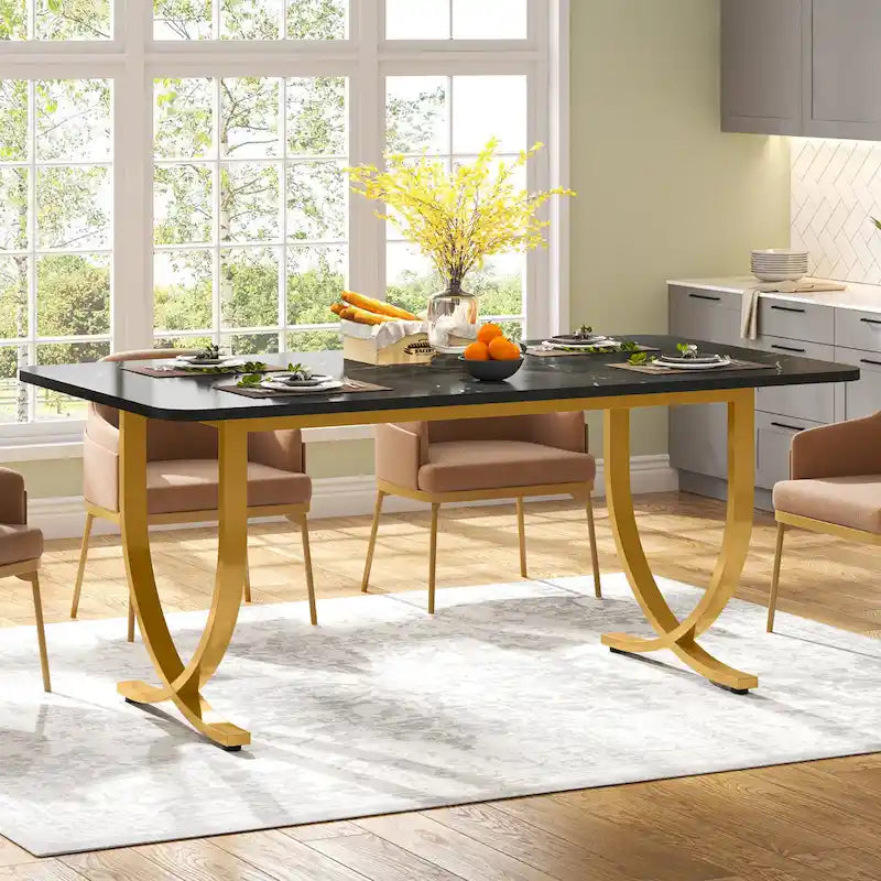 Rectangular Dining Table Faux Marble Top Gold Metal Legs Black Modern