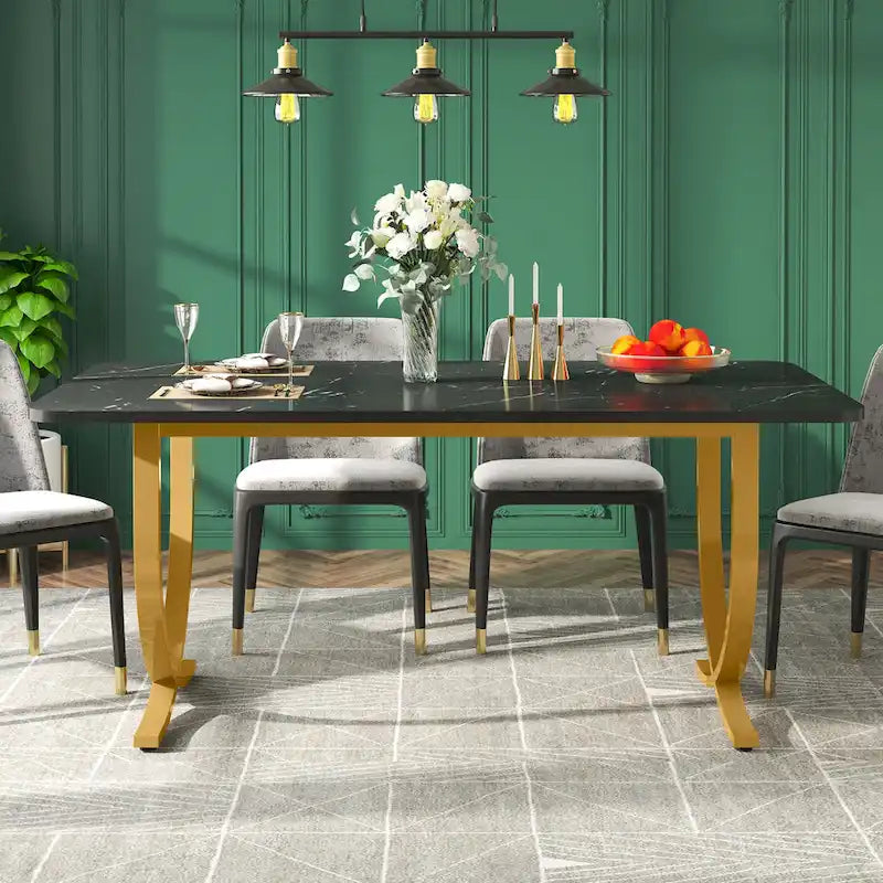 Rectangular Dining Table Faux Marble Top Gold Metal Legs Black Modern