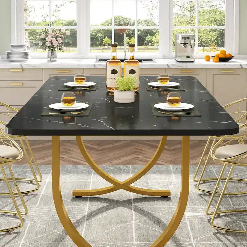Rectangular Dining Table Faux Marble Top Gold Metal Legs Black Modern