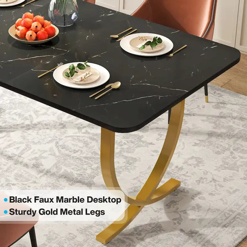 Rectangular Dining Table Faux Marble Top Gold Metal Legs Black Modern