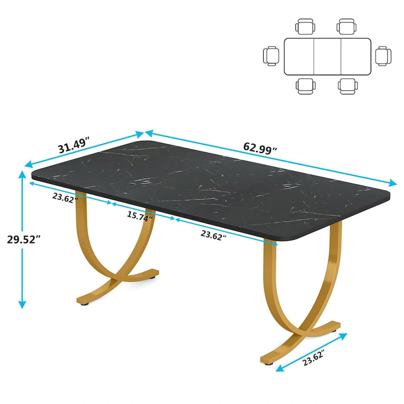 Rectangular Dining Table Faux Marble Top Gold Metal Legs Black Modern