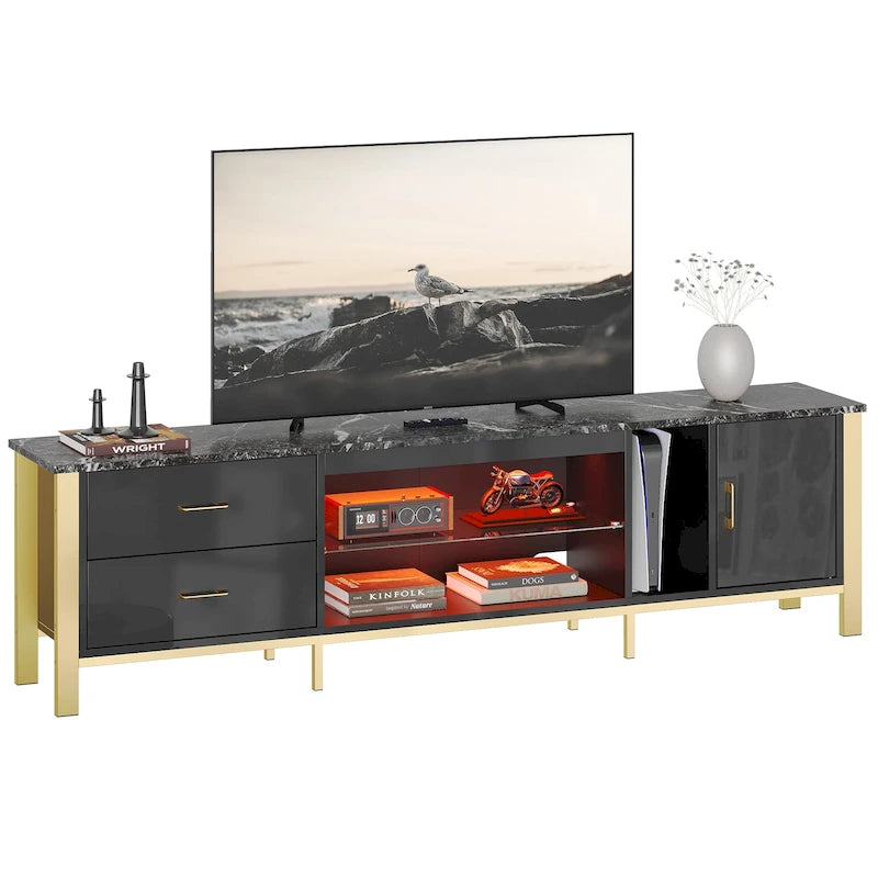 Black Marble Gloss LED TV Stand with Drawers and Storage Cabinet