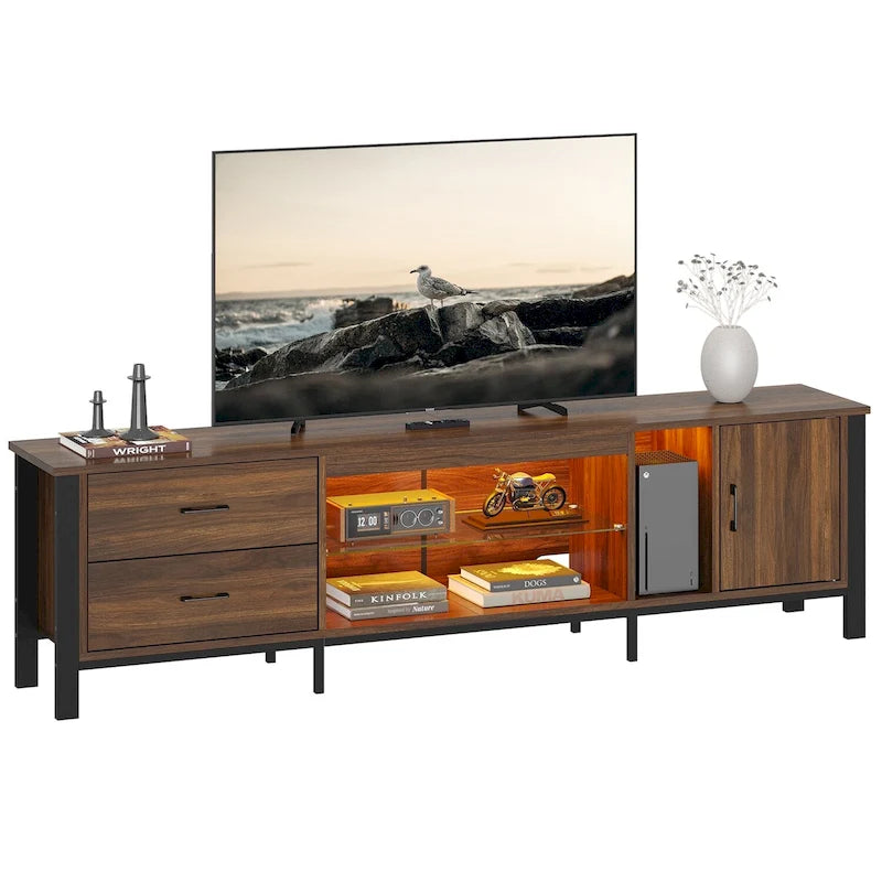Black Marble Gloss LED TV Stand with Drawers and Storage Cabinet