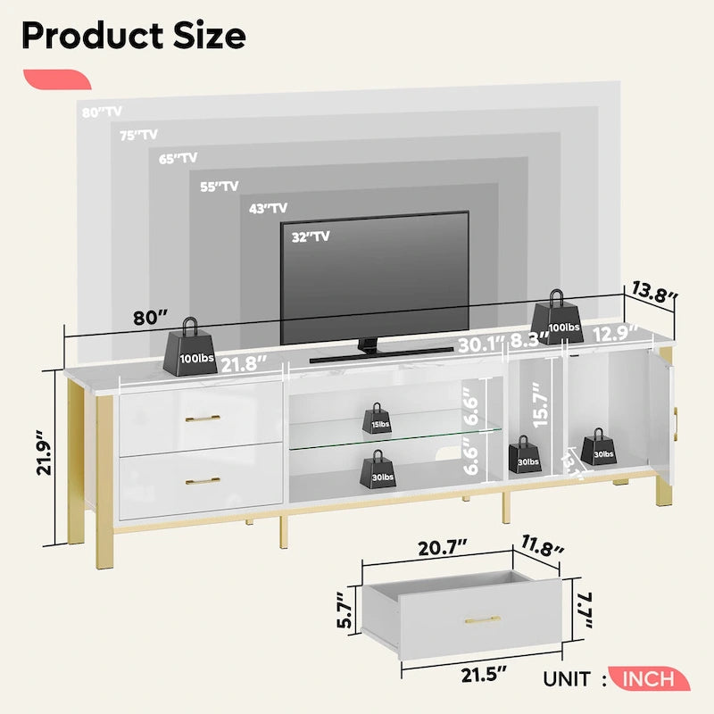 Black Marble Gloss LED TV Stand with Drawers and Storage Cabinet