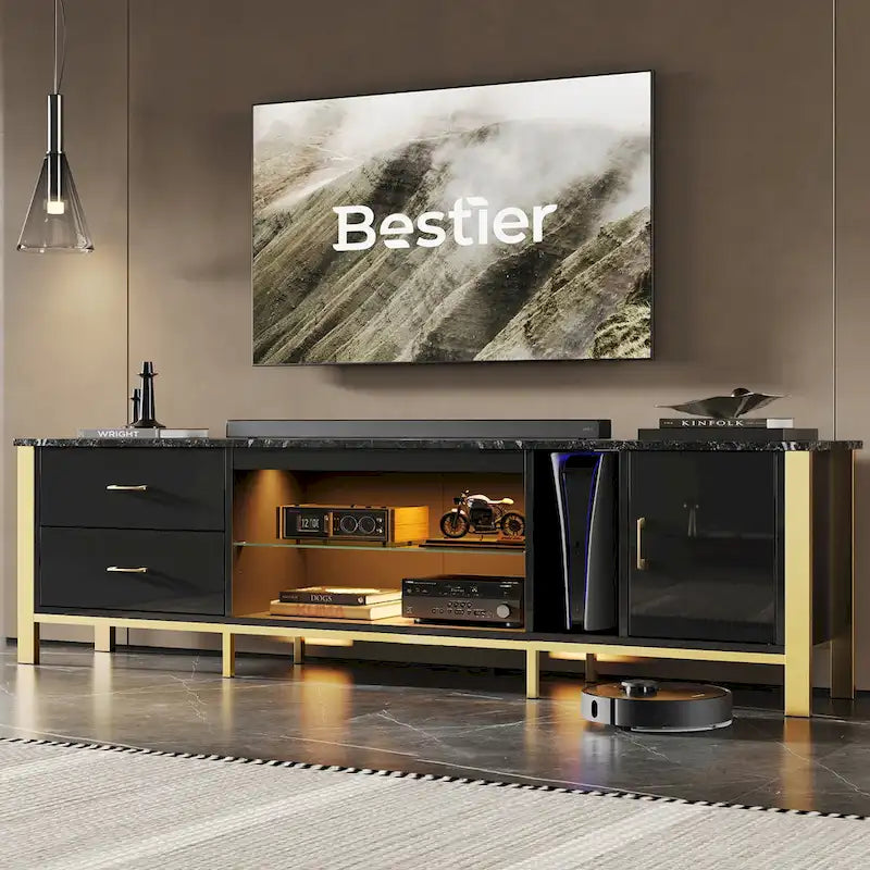 Black Marble Gloss LED TV Stand with Drawers and Storage Cabinet