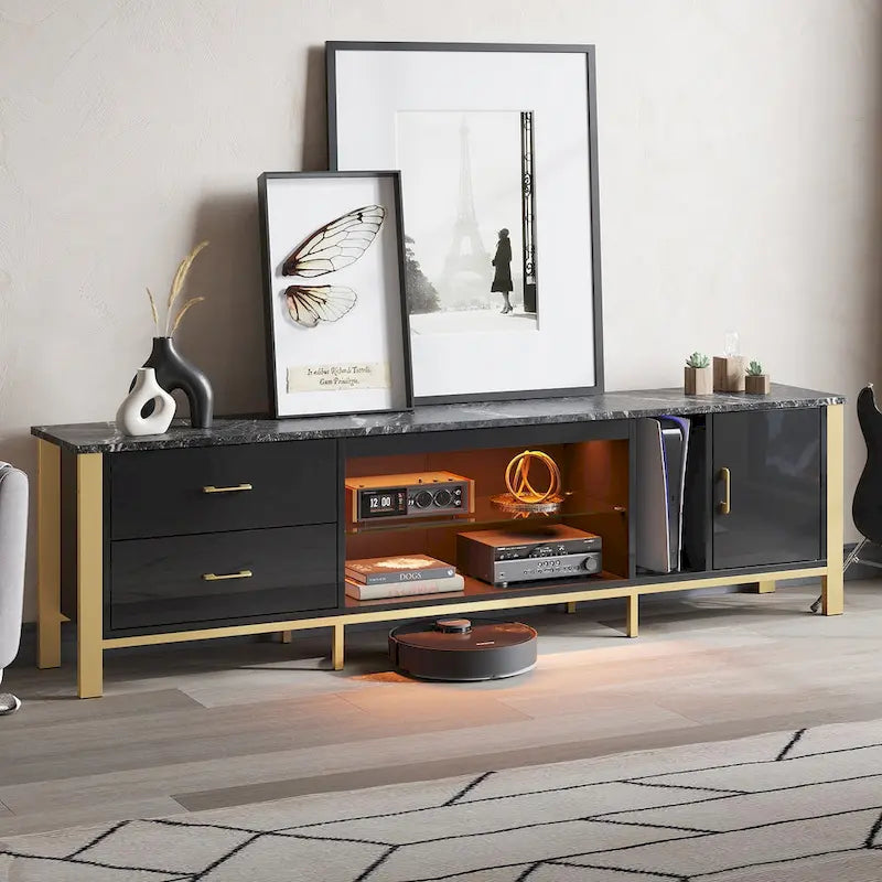 Black Marble Gloss LED TV Stand with Drawers and Storage Cabinet