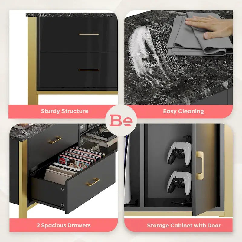 Black Marble Gloss LED TV Stand with Drawers and Storage Cabinet