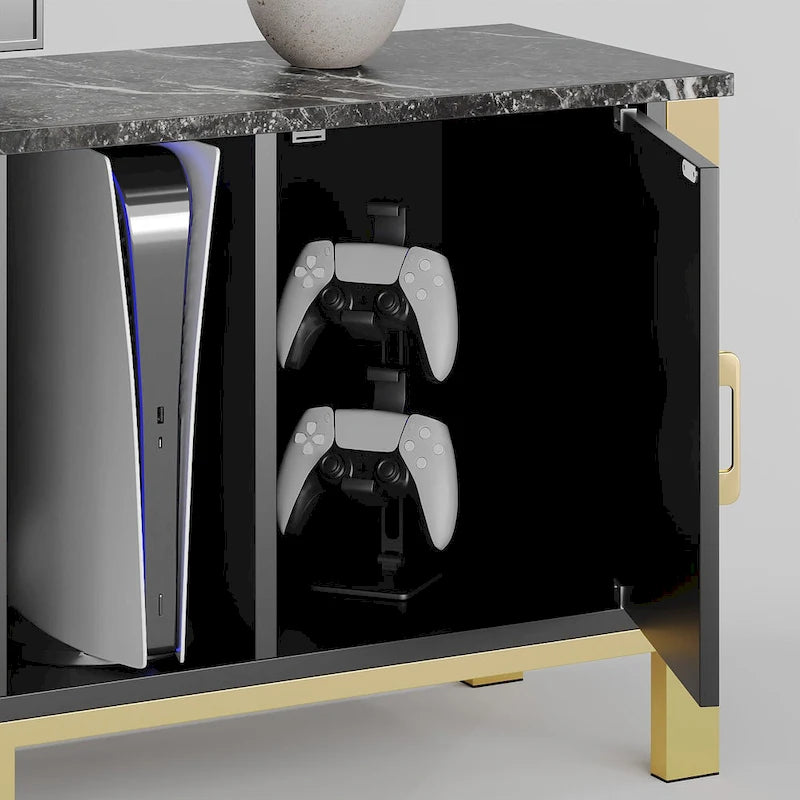 Black Marble Gloss LED TV Stand with Drawers and Storage Cabinet