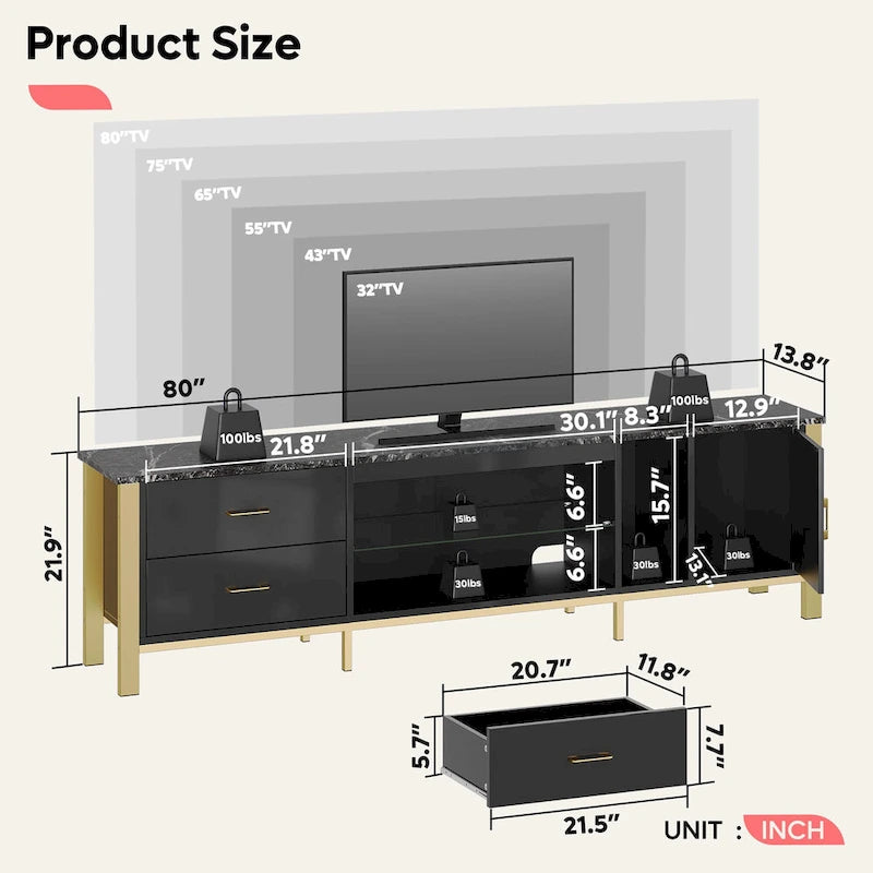 Black Marble Gloss LED TV Stand with Drawers and Storage Cabinet