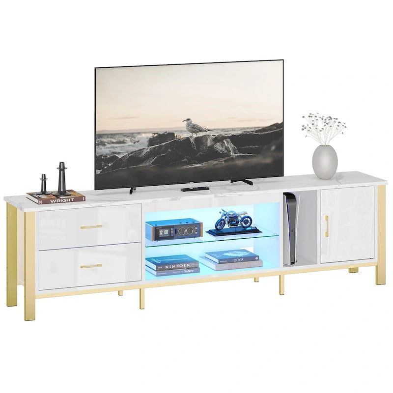 Black Marble Gloss LED TV Stand with Drawers and Storage Cabinet