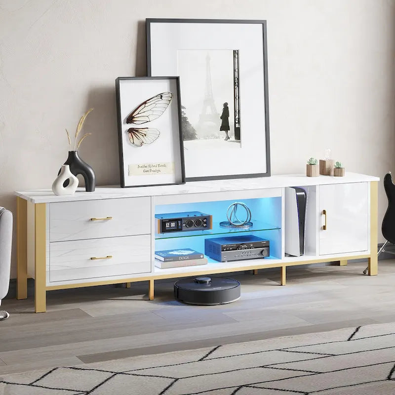 Black Marble Gloss LED TV Stand with Drawers and Storage Cabinet