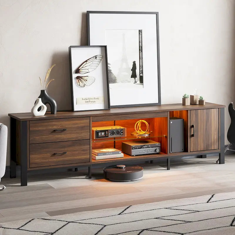 Black Marble Gloss LED TV Stand with Drawers and Storage Cabinet