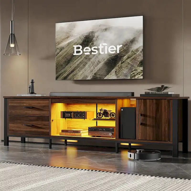 Black Marble Gloss LED TV Stand with Drawers and Storage Cabinet