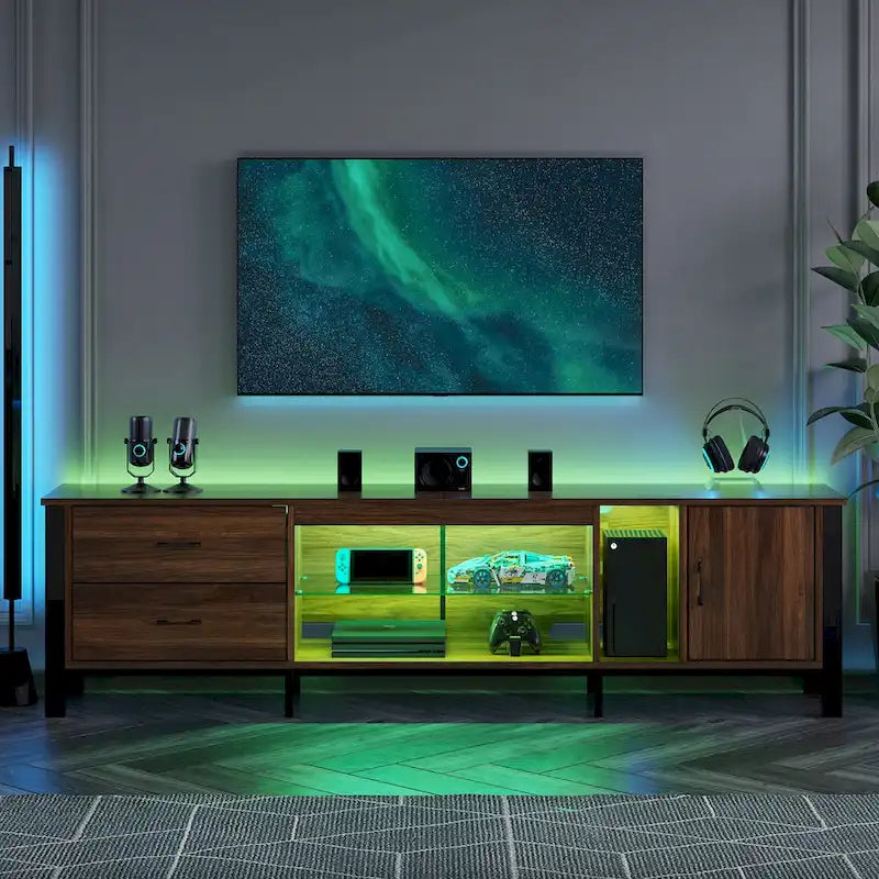 Black Marble Gloss LED TV Stand with Drawers and Storage Cabinet