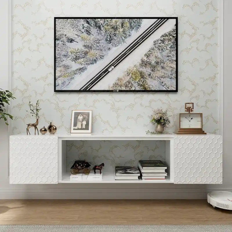 Wall Mount Floating TV Stand with Honeycomb Cabinet Doors Open Shelf