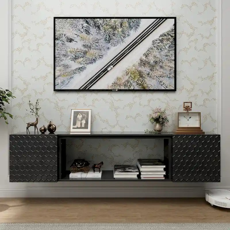 Wall Mount Floating TV Stand with Honeycomb Cabinet Doors Open Shelf