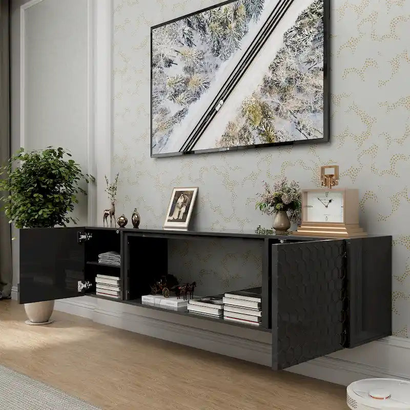Wall Mount Floating TV Stand with Honeycomb Cabinet Doors Open Shelf